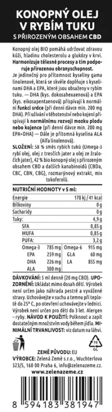 Konopný olej v rybím tuku s CBD 250 ml Zelená Země